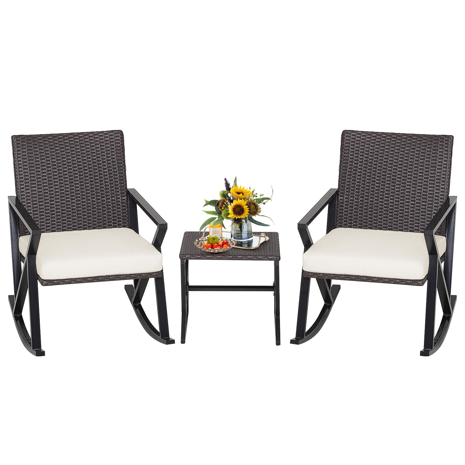 3 Pieces Rattan Patio Bistro Set with Rocking Chairs and Table